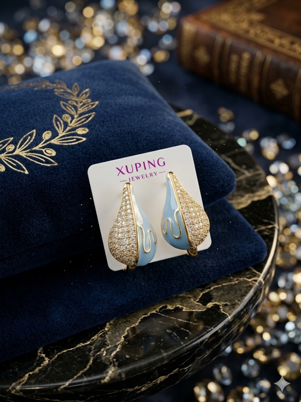 Xuping Gold-Tone Light Blue Teardrop Crystal Clip Earrings